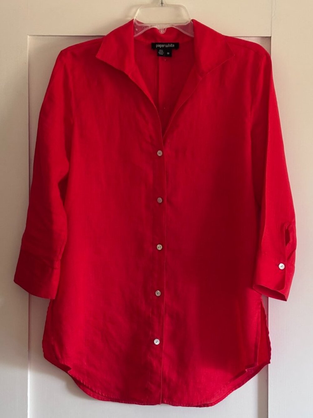 Red Linen button down Shirt size 6 100% linen Paperwhite tunic back buttons